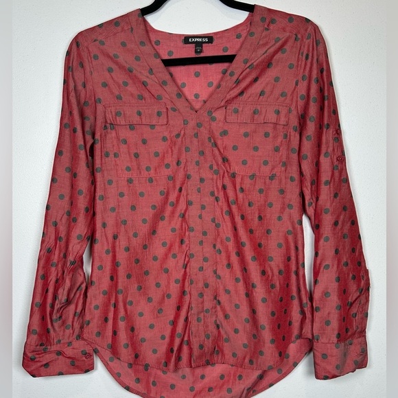 Express Brick Red Sheer Blouse w/ Gray Polka Dots. Buttoned Relaxed Blouse. - Picture 1 of 9